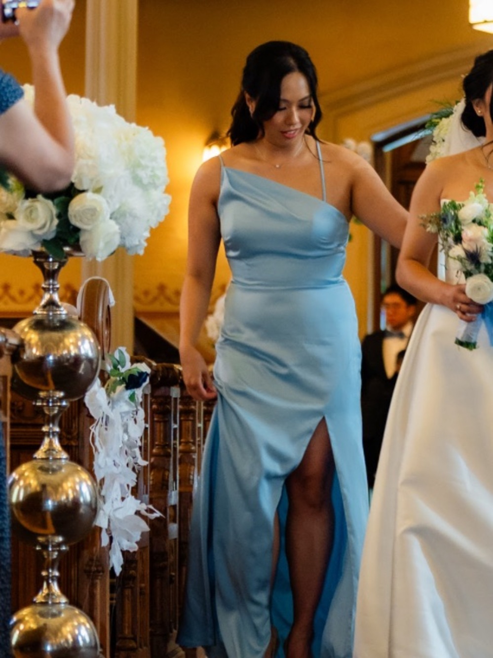 Vera Wang One-Shoulder Satin Gown in Sky Blue